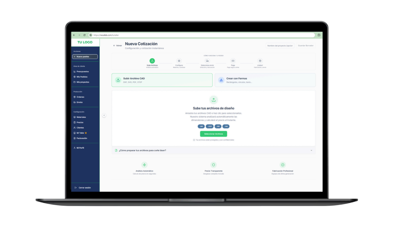 Pantalla real del cotizador Nexafab en un portal de taller