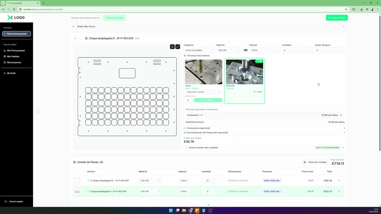 Portal Nexafab donde un cliente configura una pieza y obtiene su presupuesto